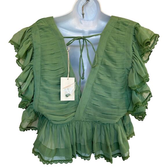 Tularosa Green Chiffon Ruffle Top MEDIUM Cottagecore Romantic Flutter $158 NEW - Picture 6 of 6